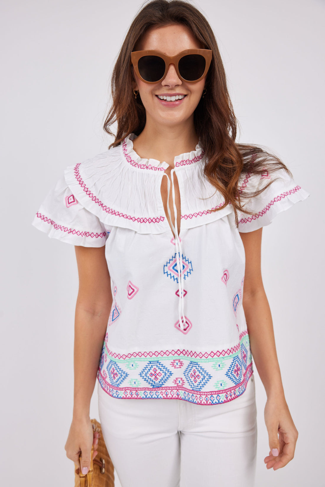 Pink Embroidered Flutter Sleeve Top