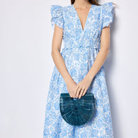 Blue & White Rose Printed Eyelet V-Neck Flutter Sleeve Maxi Dress