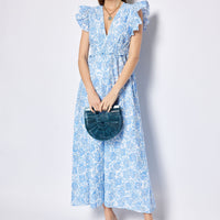 Blue & White Rose Printed Eyelet V-Neck Flutter Sleeve Maxi Dress