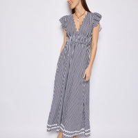 Navy & White Stripe V-Neck Flutter Sleeve Maxi Dress