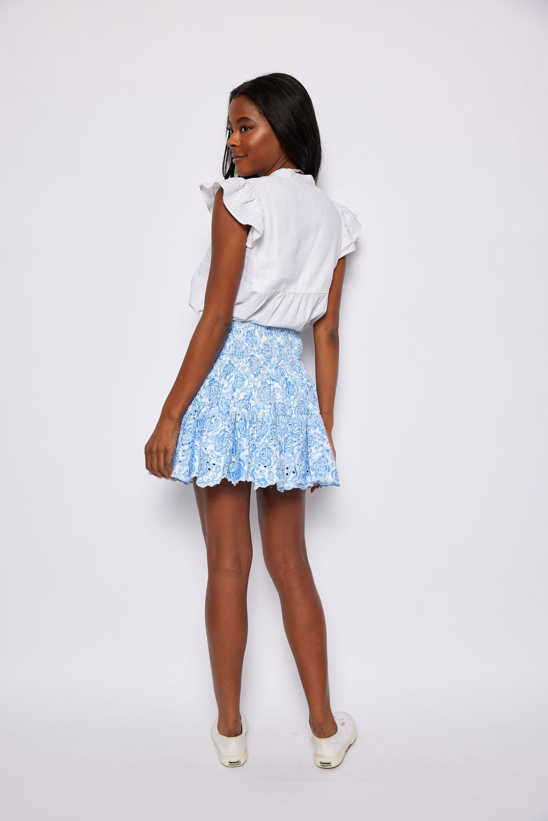 Blue & White Rose Printed Eyelet Smocked Waist Mini Skirt