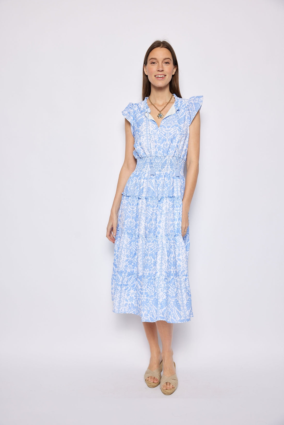Hydrangea Tropical Block Print Smocked Waist Midi Dress