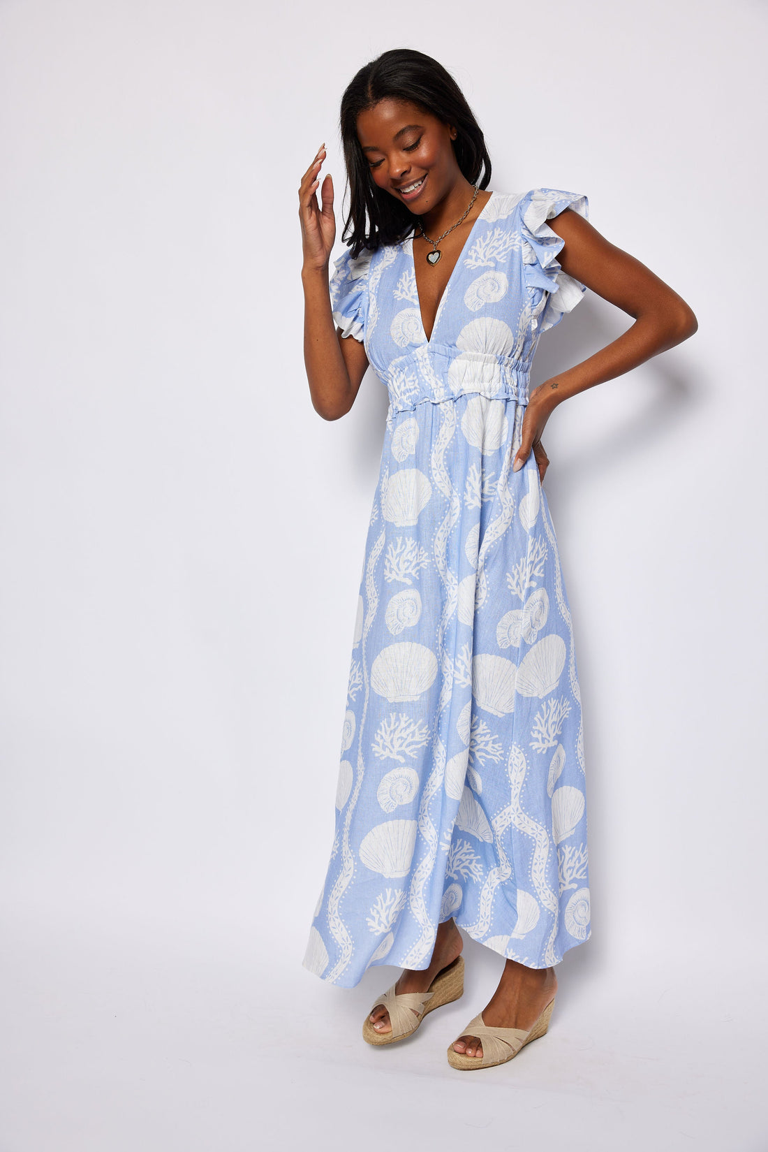 Hydrangea Sea Stripe V-Neck Flutter Sleeve Maxi