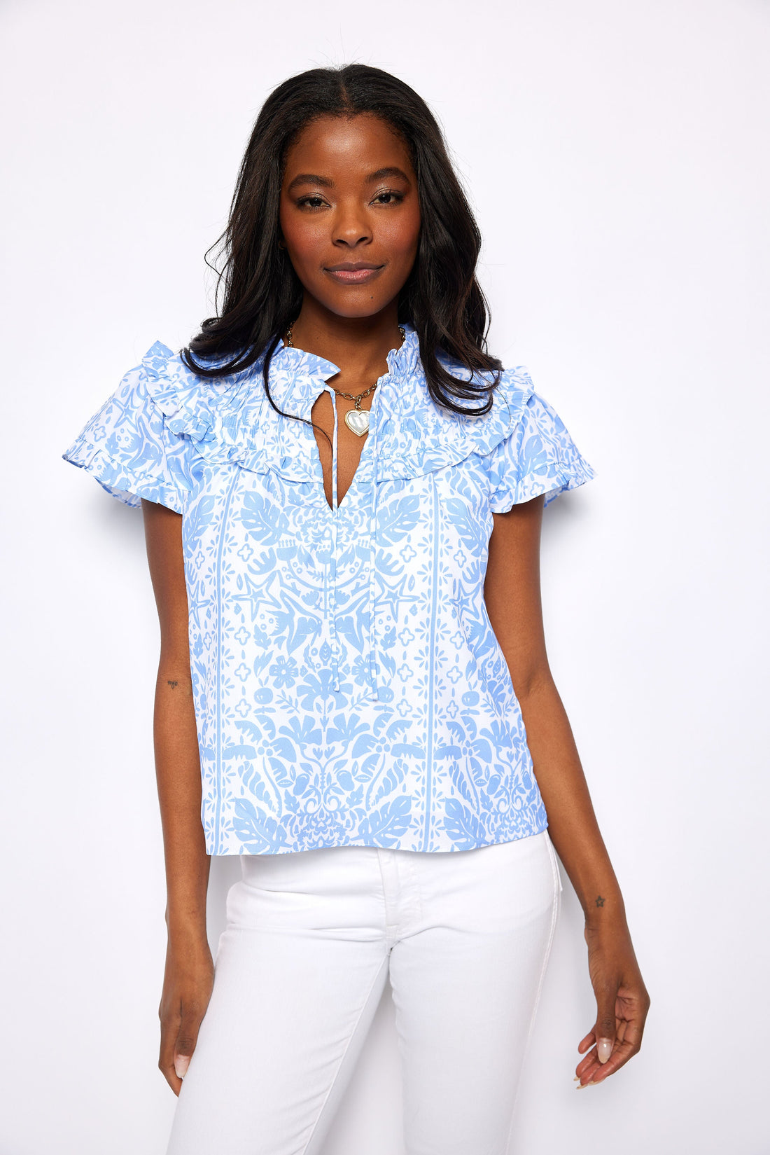 Hydrangea Tropical Block Print Ruffle Neck Top