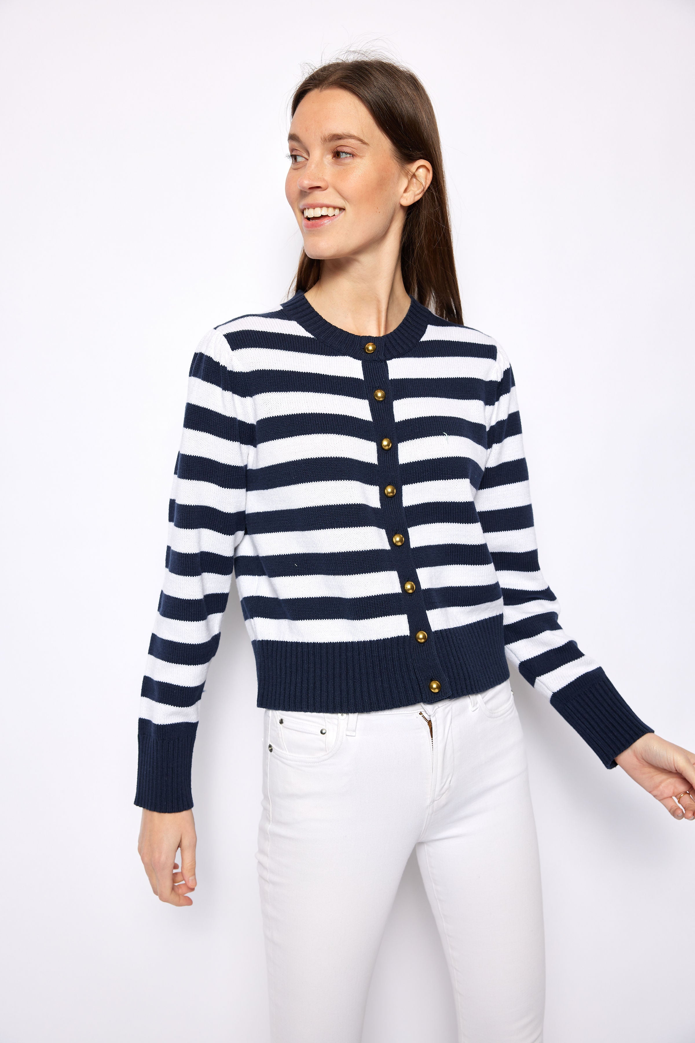 NAVY/OFF WHITE STRIPED CARDIGAN W/VNECK & BOWS main image 0