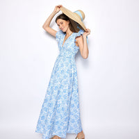 Blue & White Rose Printed Eyelet V-Neck Flutter Sleeve Maxi Dress