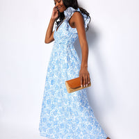 Blue & White Rose Printed Eyelet V-Neck Flutter Sleeve Maxi Dress