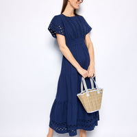 Navy Cinched Waist Midi Dress with Ric-Rac Inlay