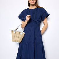Navy Cinched Waist Midi Dress with Ric-Rac Inlay