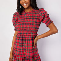 Red Plaid Puff Sleeve Smocked Midi Dress