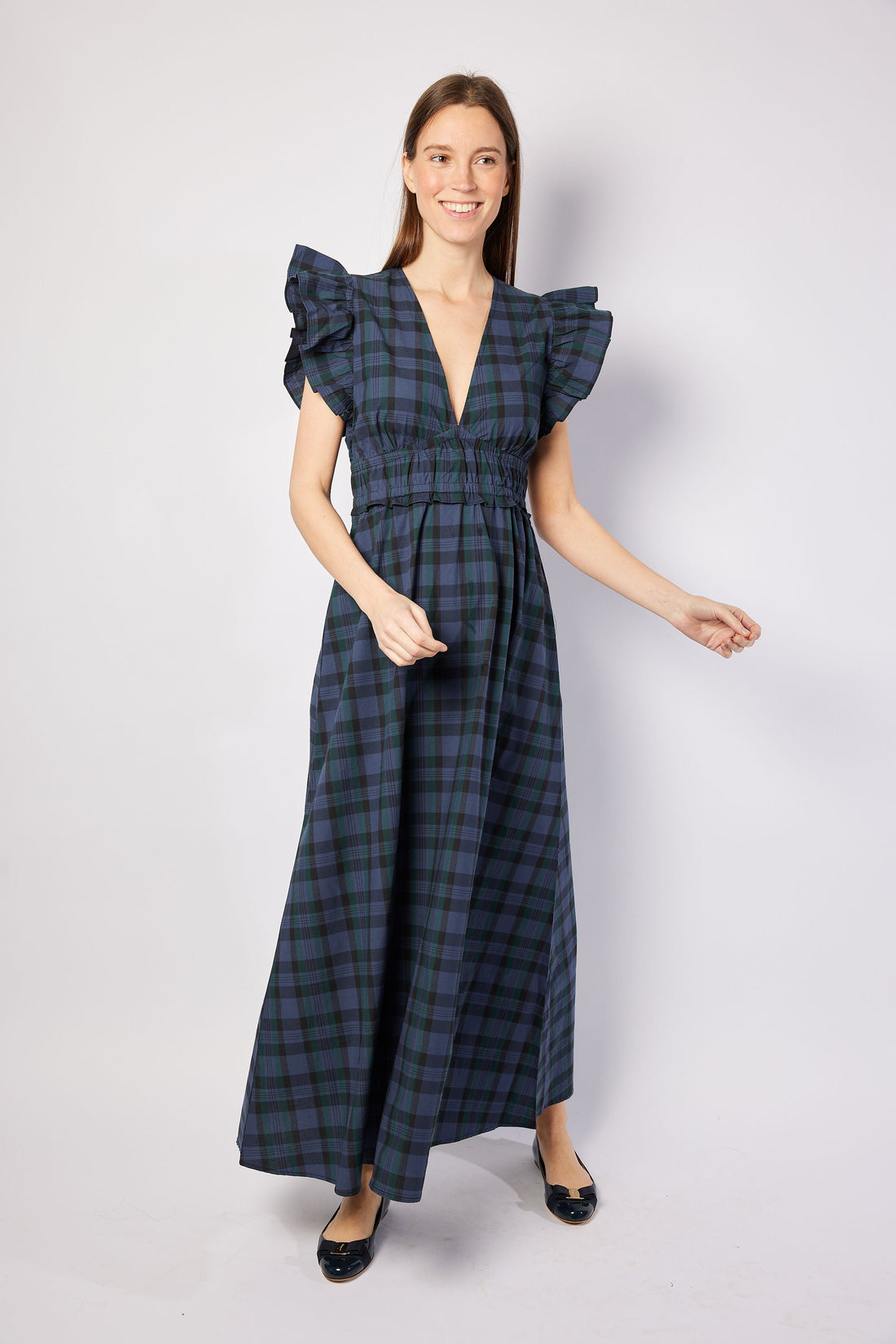 Blackwatch Tartan V-Neck Flutter Sleeve Maxi
