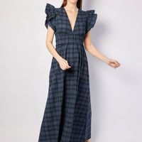 Blackwatch Tartan V-Neck Flutter Sleeve Maxi