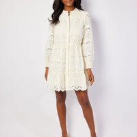 Ivory Eyelet Long Sleeve Cinched Waist Dress