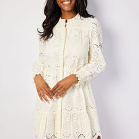Ivory Eyelet Long Sleeve Cinched Waist Dress