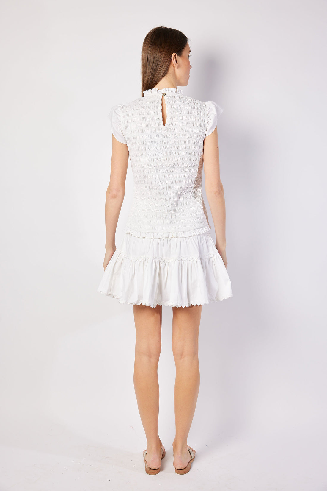 White Smocked Waist Mini Skirt with Ric-Rac