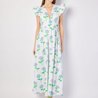 Hydrangea Block Print V-Neck Flutter Sleeve Maxi Dress