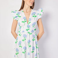 Hydrangea Block Print V-Neck Flutter Sleeve Maxi Dress