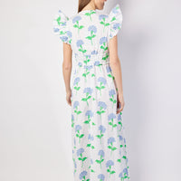 Hydrangea Block Print V-Neck Flutter Sleeve Maxi Dress