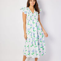 Hydrangea Block Print V-Neck Smocked Midi Dress
