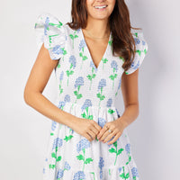 Hydrangea Block Print V-Neck Smocked Midi Dress