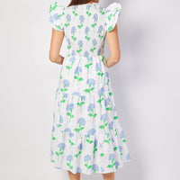 Hydrangea Block Print V-Neck Smocked Midi Dress