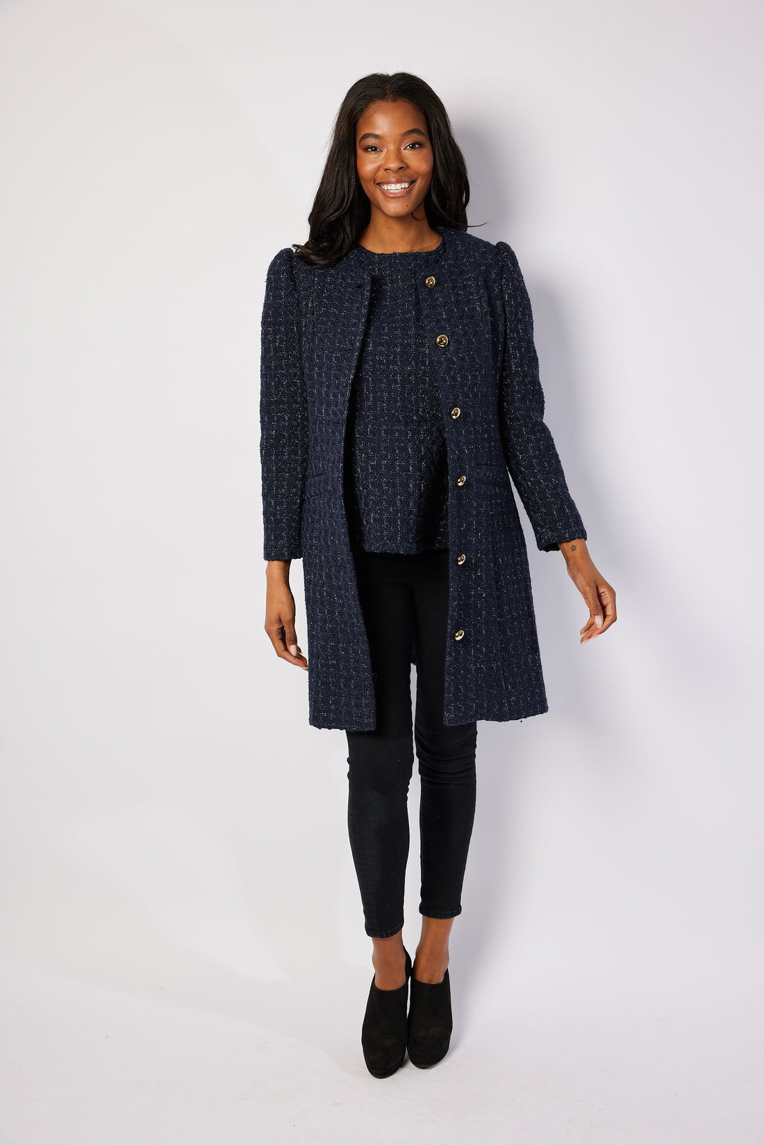 Navy Metallic Tweed Button Front Coat