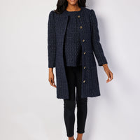 Navy Metallic Tweed Button Front Coat