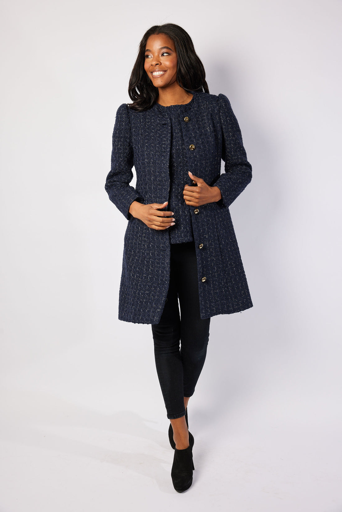 Navy Metallic Tweed Button Front Coat