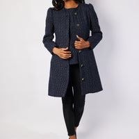 Navy Metallic Tweed Button Front Coat