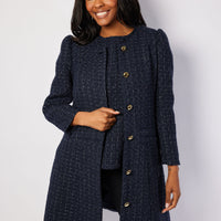 Navy Metallic Tweed Button Front Coat