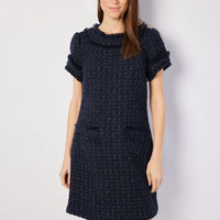 Navy Metallic Tweed Short Sleeve Shift Dress