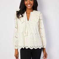 Ivory Eyelet Ruffle Front Top with Tassels
