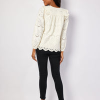Ivory Eyelet Ruffle Front Top with Tassels