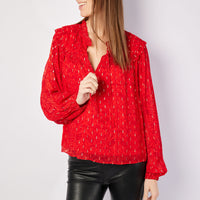 Red Lurex Ruffle Front Top