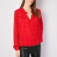 Red Lurex Ruffle Front Top