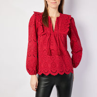 Red Eyelet Ruffle Front Top with Tassels
