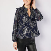 Navy Metallic Ruffle Front Top