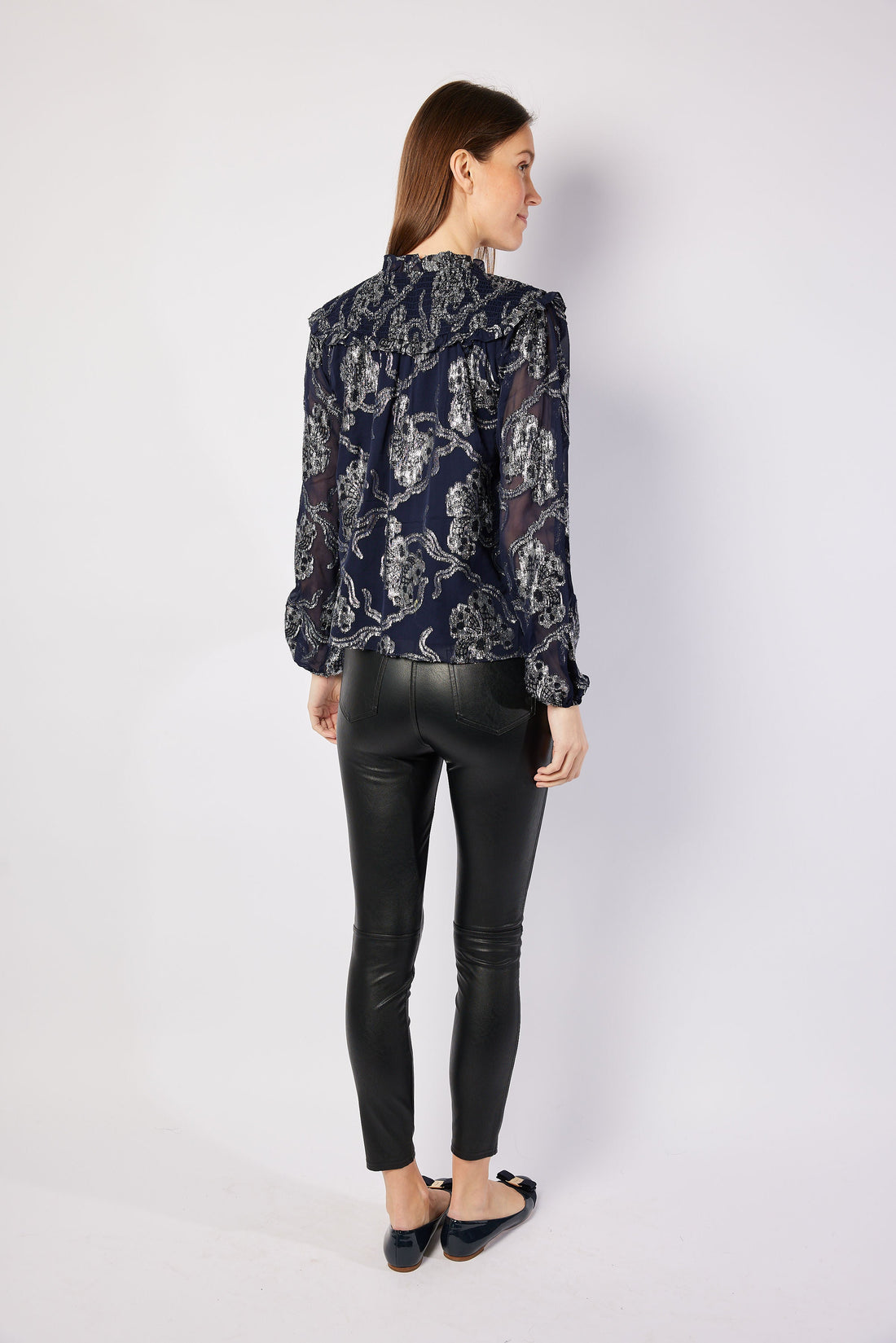 Navy Metallic Ruffle Front Top