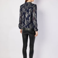 Navy Metallic Ruffle Front Top