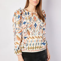 Geo Floral Pleated Ruffle Front Top