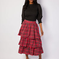 Red Plaid Tiered Midi Skirt