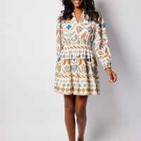 Geo Floral Long Sleeve Smocked Waist Dress