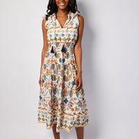 Geo Floral Smocked Waist Midi Dress