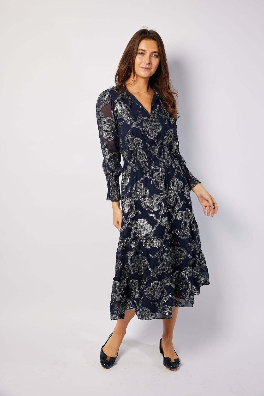 Navy Metallic Smocked Waist Midi Dress