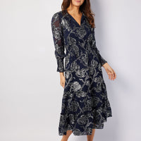 Navy Metallic Smocked Waist Midi Dress