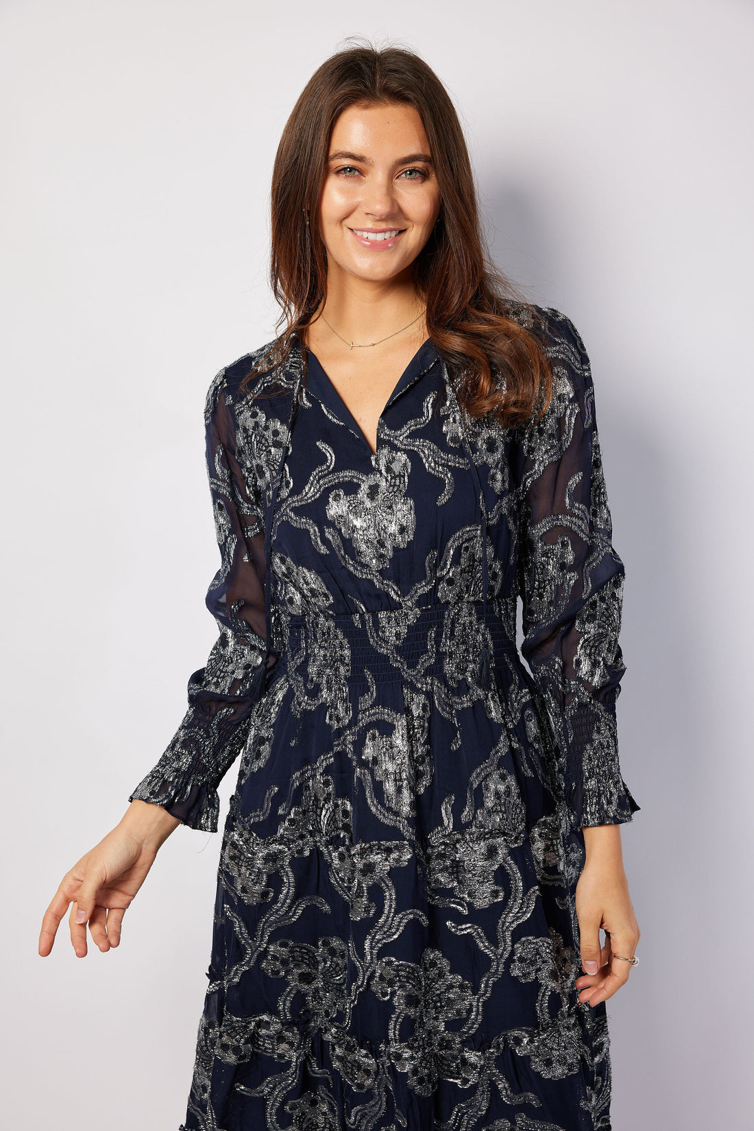 Navy Metallic Smocked Waist Midi Dress