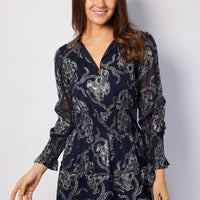 Navy Metallic Smocked Waist Midi Dress