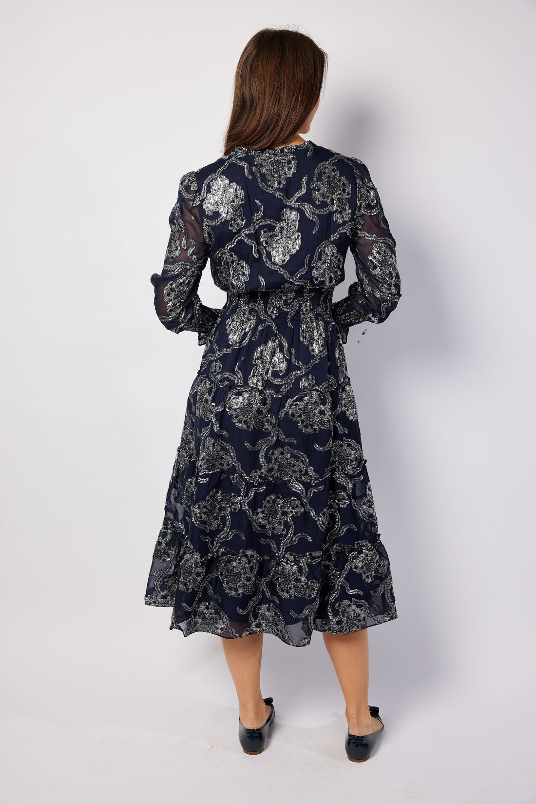 Navy Metallic Smocked Waist Midi Dress