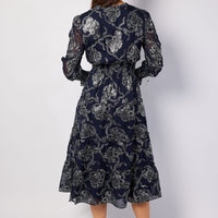 Navy Metallic Smocked Waist Midi Dress