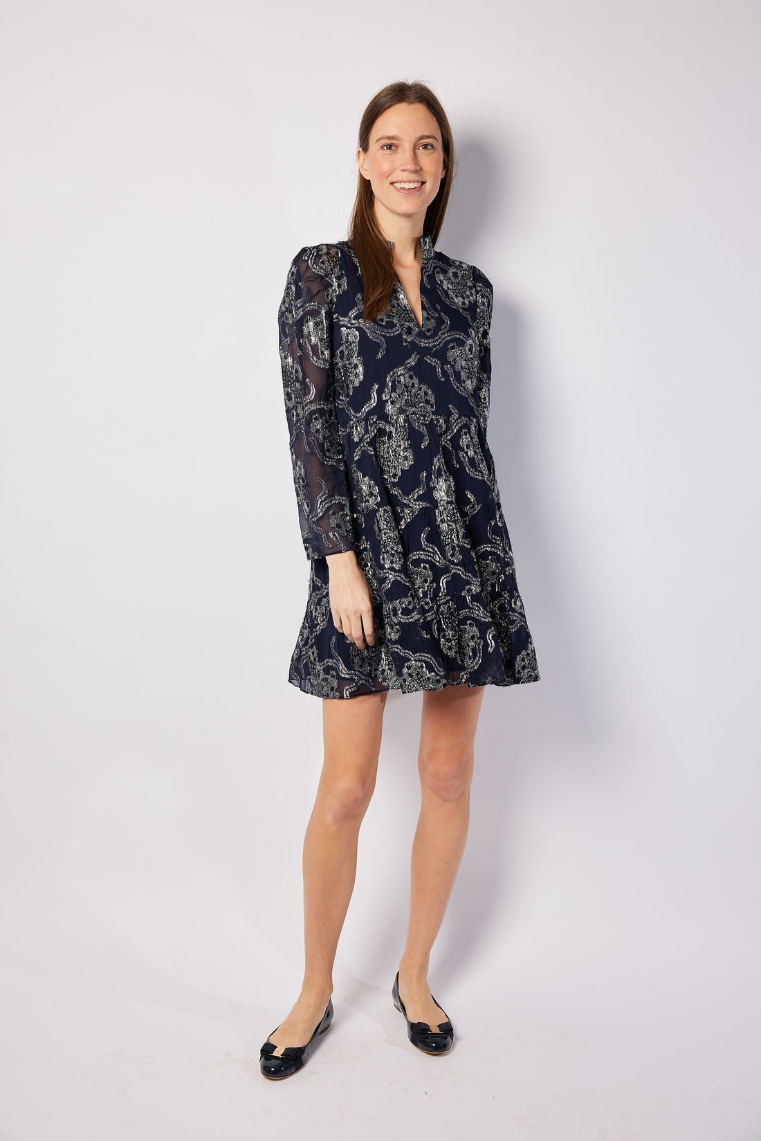 Navy Metallic Long Sleeve Tunic Flare Dress